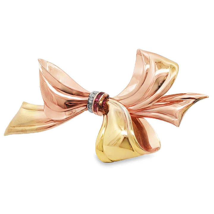 1950's Cartier Diamond Ruby 14 Karat Rose & Yellow Gold Retro Brooch Pin