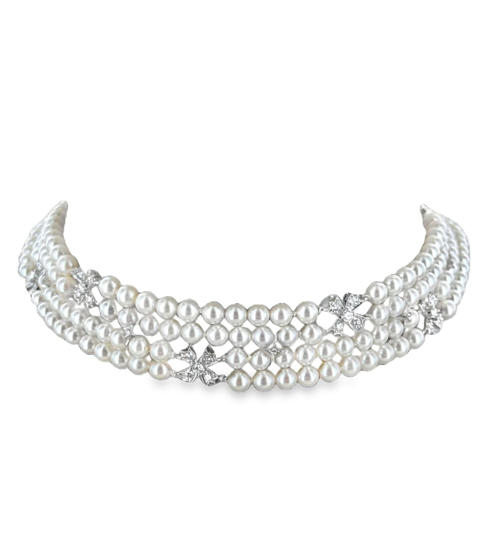 1994 Tiffany &Co. Platinum Akoya Cultured Pearl Floral Diamond Choker Necklace