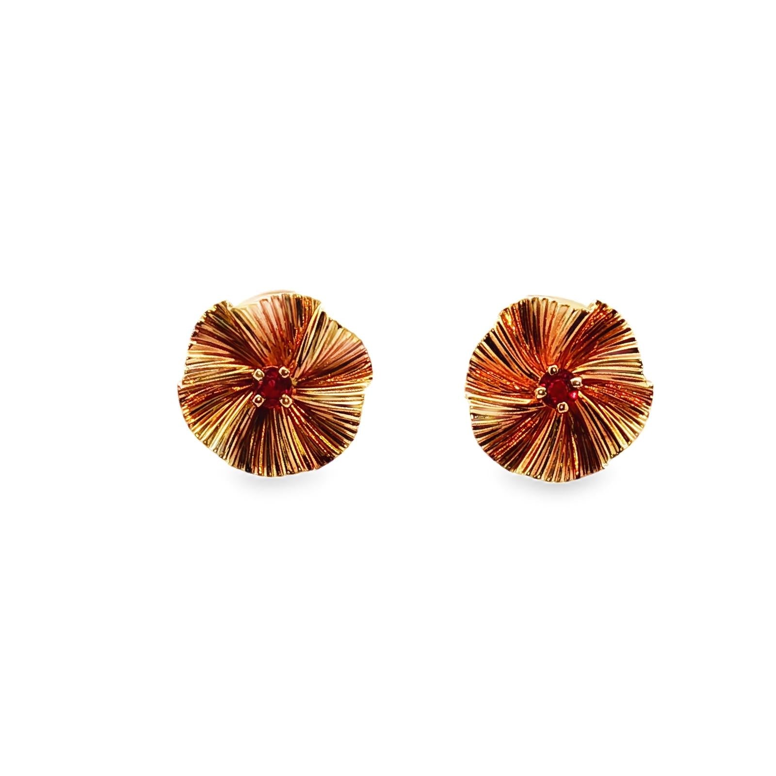 1950's Tiffany & Co. Ruby 14 Karat Yellow Gold Fan Style Retro Stud Earrings