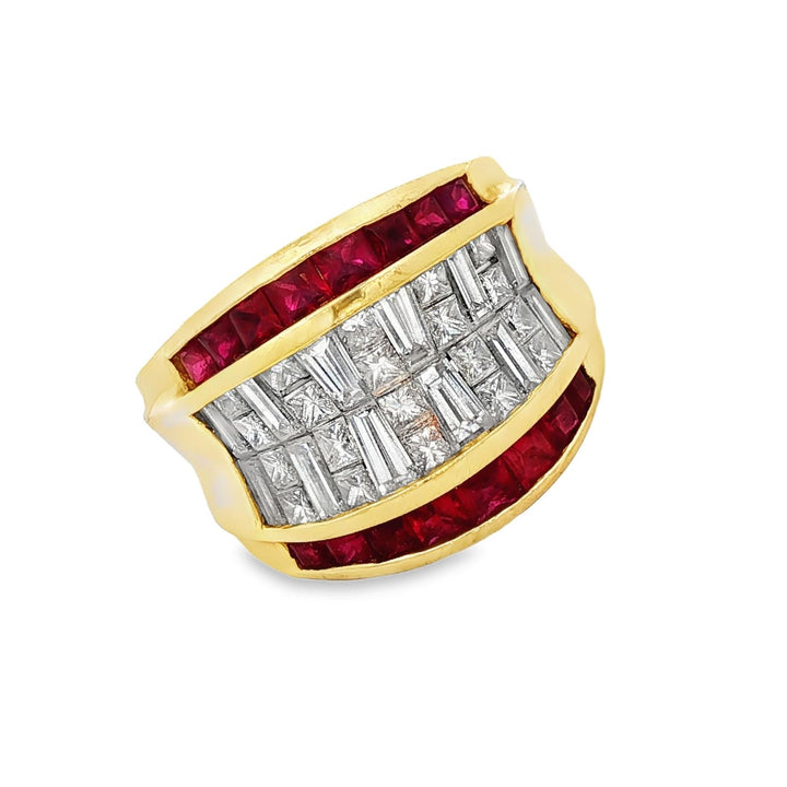 Diamond Ruby 18 Karat Yellow Gold Wide Vintage Band Ring