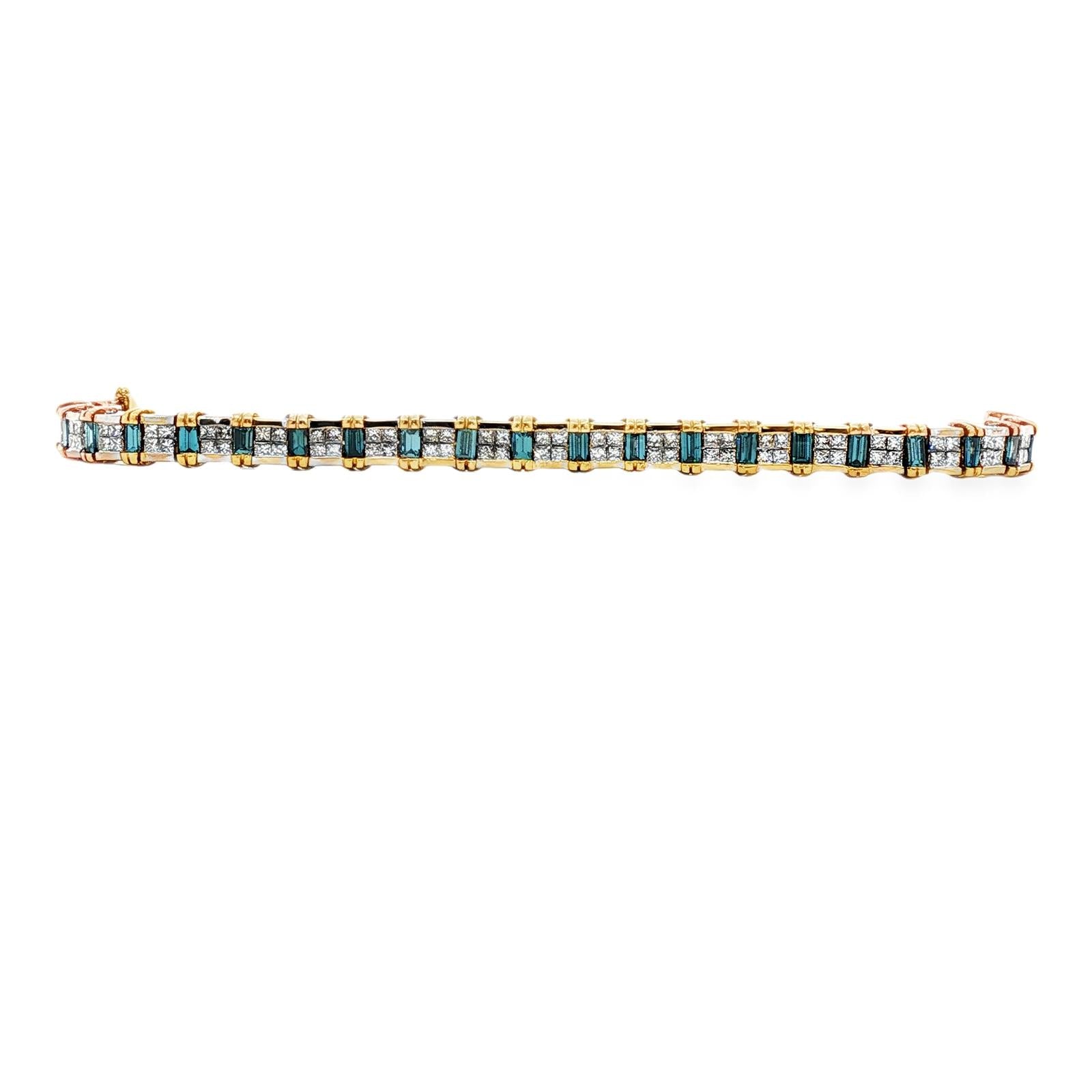 Princess-Cut Diamond & Baguette-Cut Blue Diamond 14 Karat Two Tone Link Bracelet