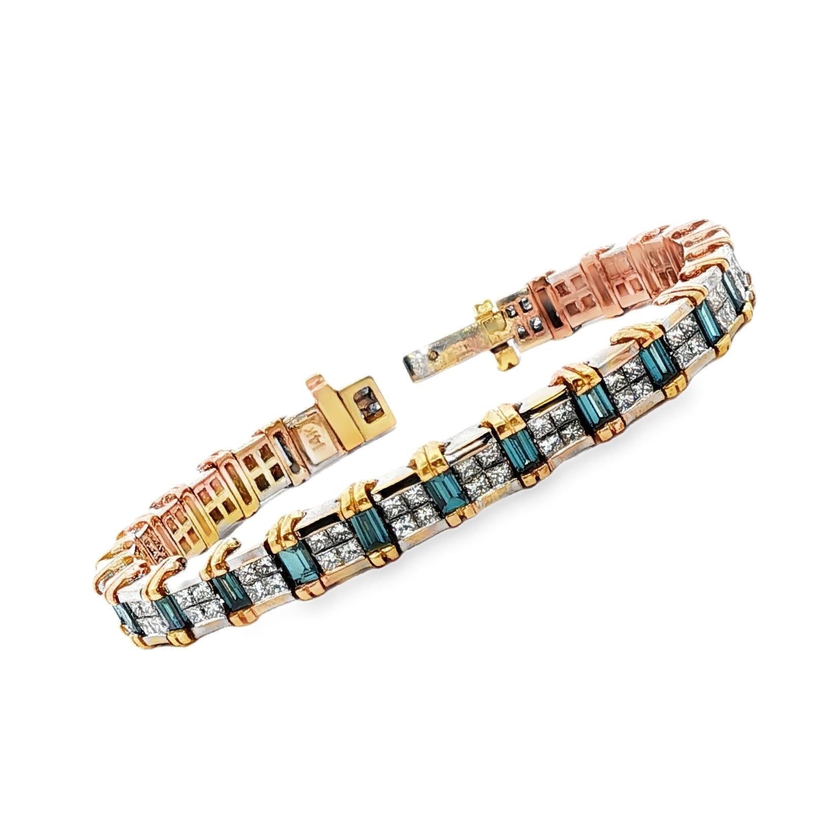 Princess-Cut Diamond & Baguette-Cut Blue Diamond 14 Karat Two Tone Link Bracelet