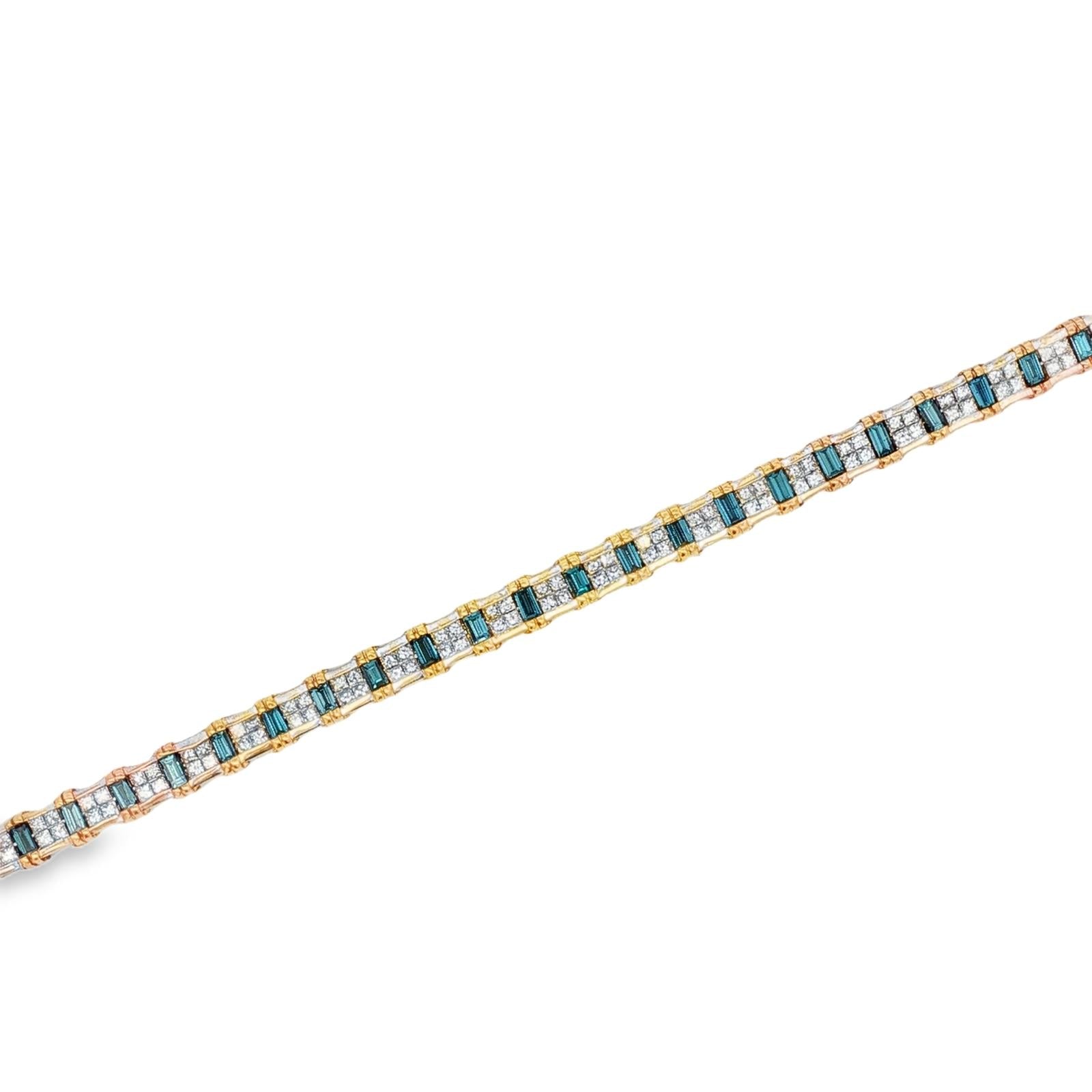 Princess-Cut Diamond & Baguette-Cut Blue Diamond 14 Karat Two Tone Link Bracelet