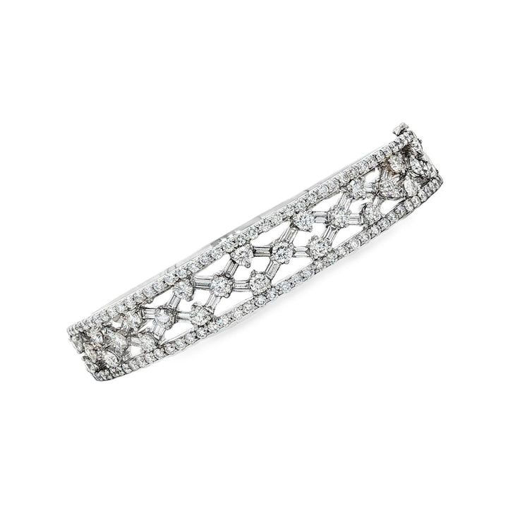 Diamond 18 Karat Whtie Gold Hinged Open Lattice Bangle Bracelet