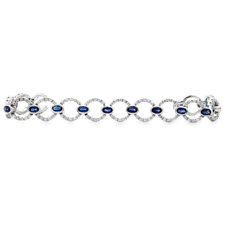 Round Brilliant-Cut Diamond Oval Sapphire 18K White Gold Round Link Bracelet