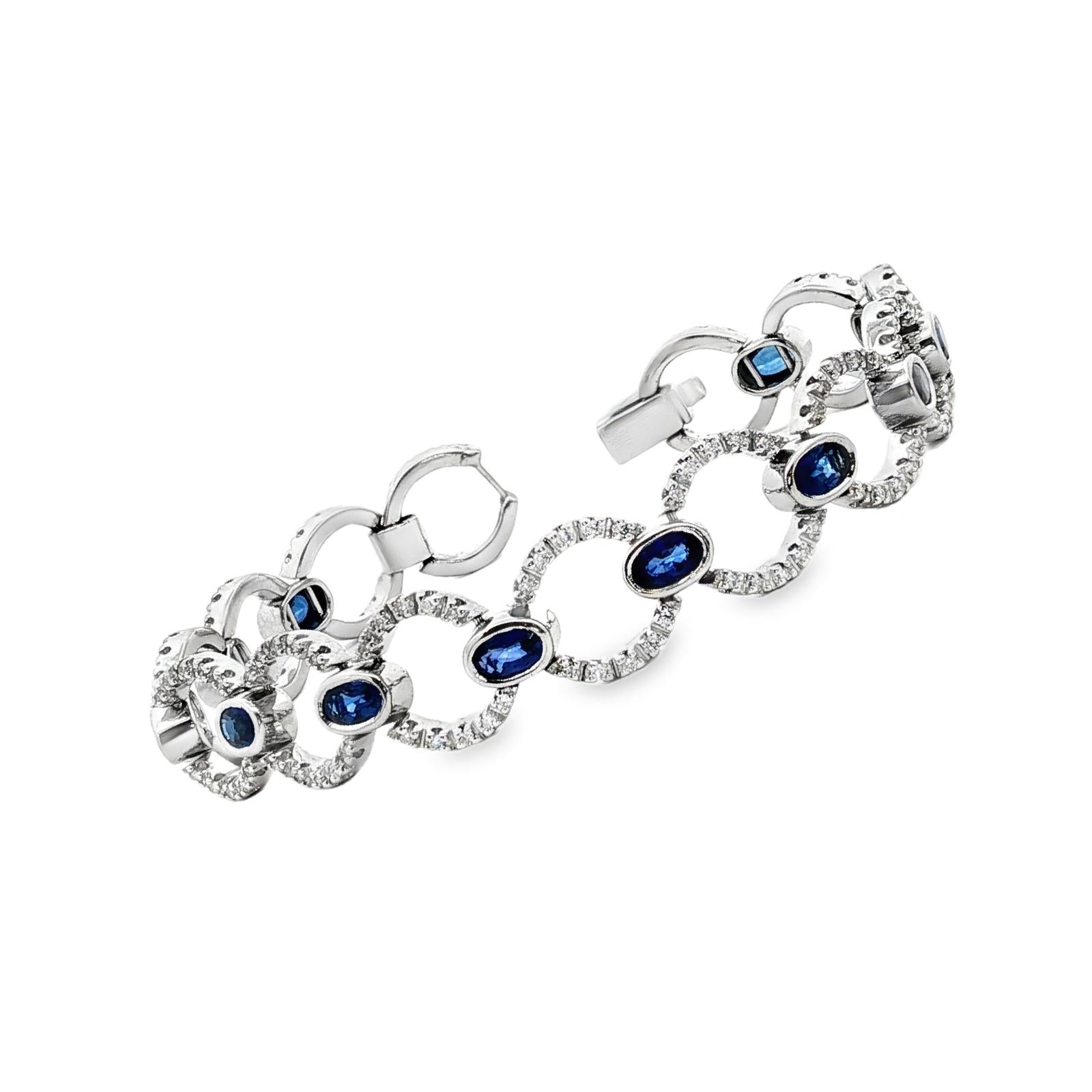 Round Brilliant-Cut Diamond Oval Sapphire 18K White Gold Round Link Bracelet