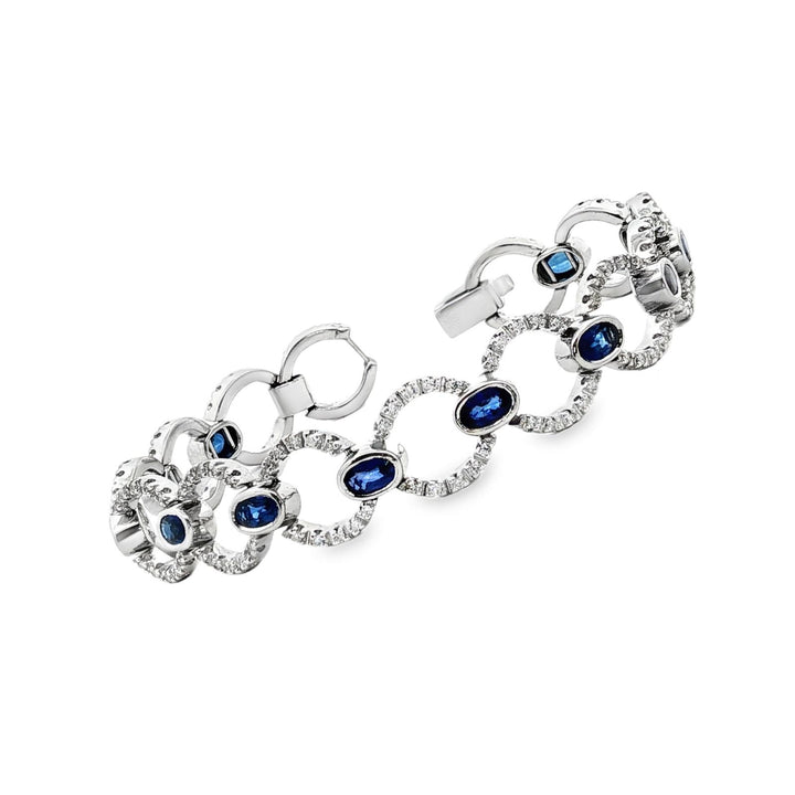 Round Brilliant-Cut Diamond Oval Sapphire 18K White Gold Round Link Bracelet