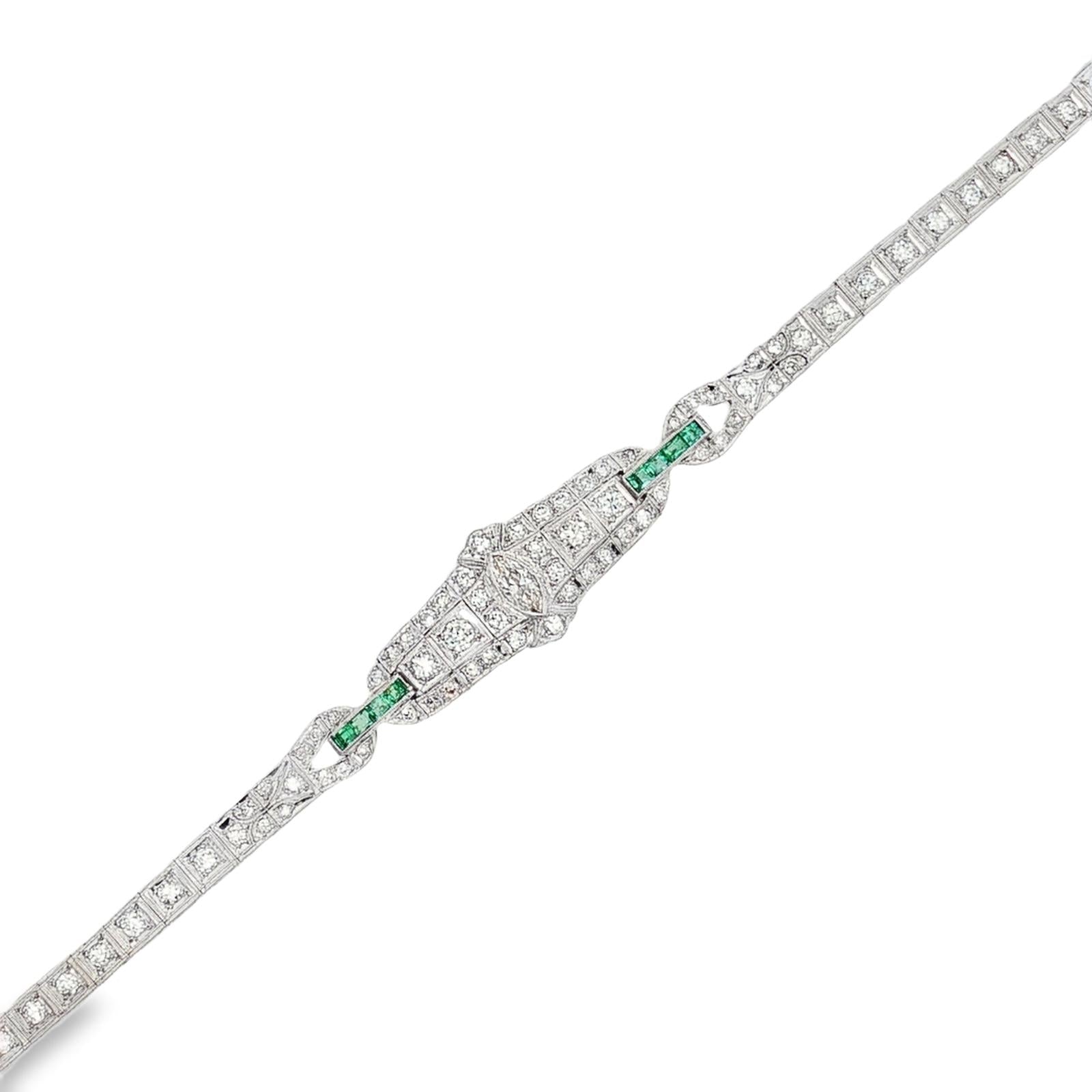 Art Deco Marquise Diamond Emerald Platinum Estate Bracelet