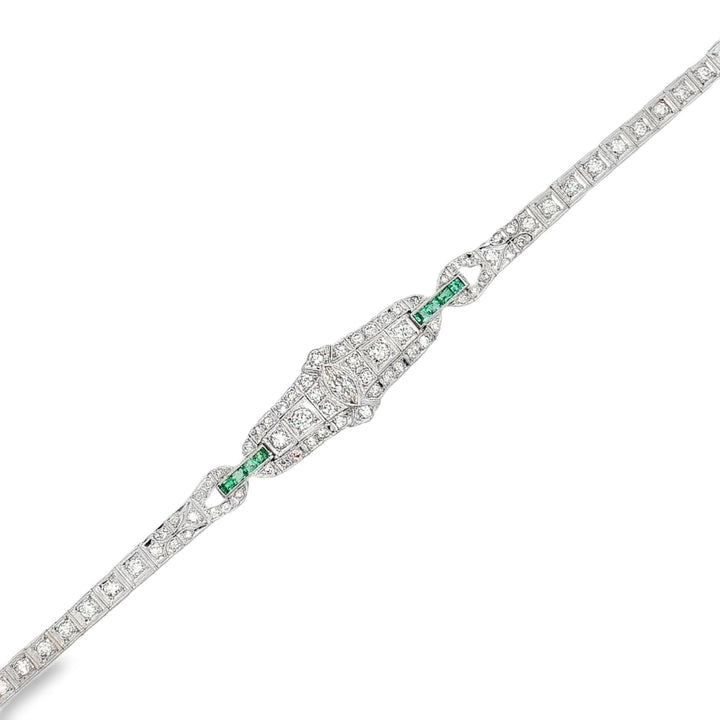 Art Deco Marquise Diamond Emerald Platinum Estate Bracelet