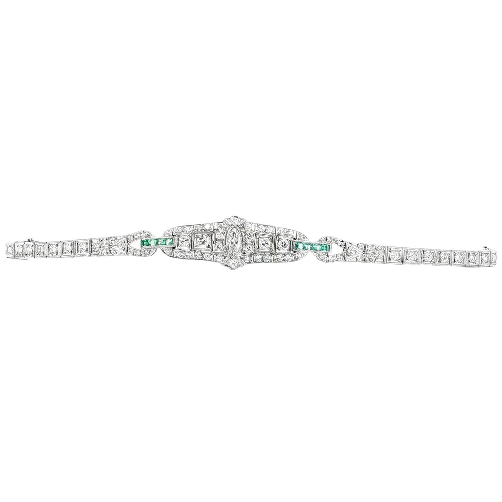 Art Deco Marquise Diamond Emerald Platinum Estate Bracelet