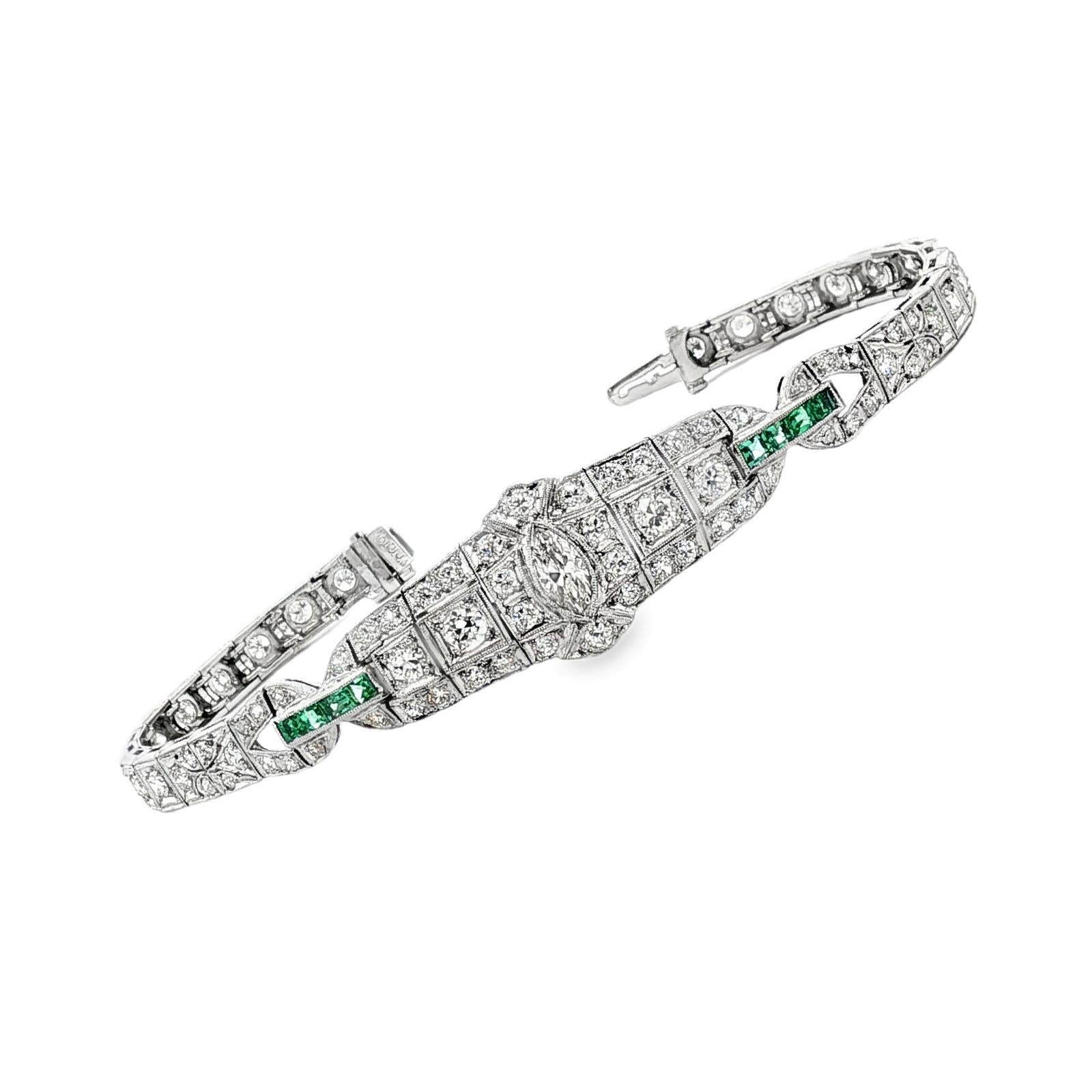 Art Deco Marquise Diamond Emerald Platinum Estate Bracelet