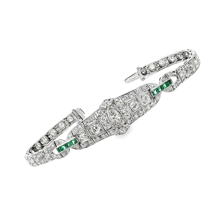 Art Deco Marquise Diamond Emerald Platinum Estate Bracelet