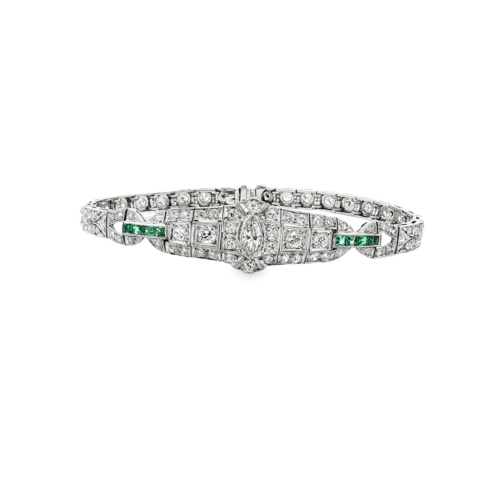 Art Deco Marquise Diamond Emerald Platinum Estate Bracelet