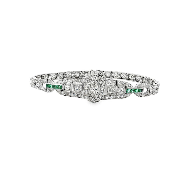 Art Deco Marquise Diamond Emerald Platinum Estate Bracelet
