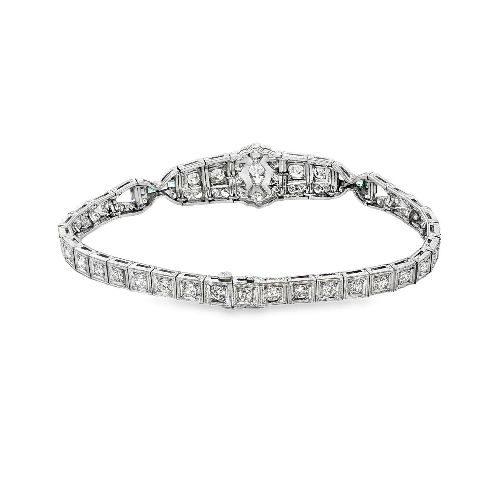 Art Deco Marquise Diamond Emerald Platinum Estate Bracelet