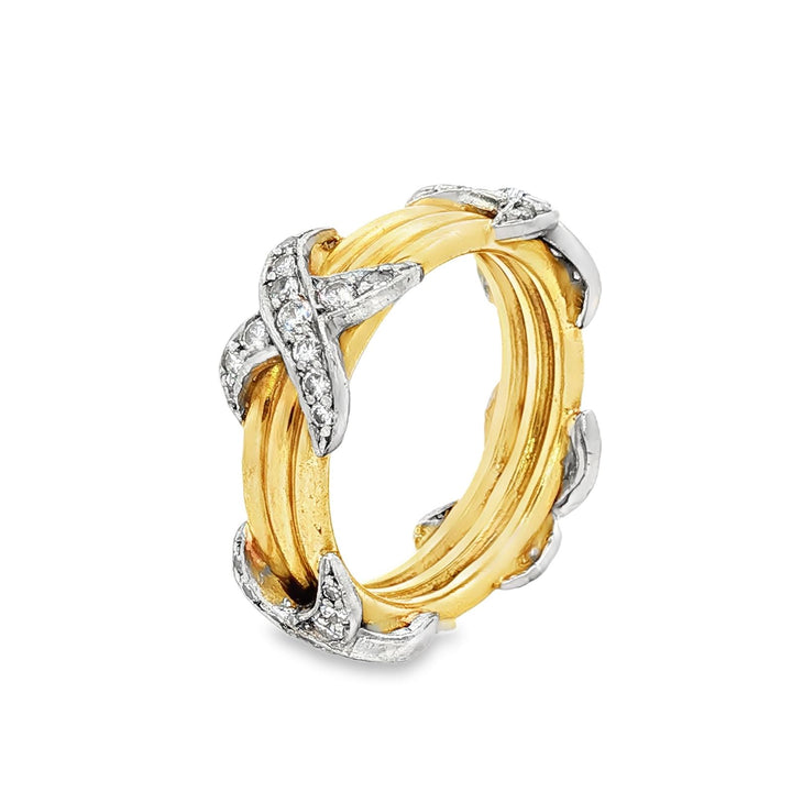 18 Karat Yellow Gold Platinum Diamond 'X' Band Ring Size 6 Modern