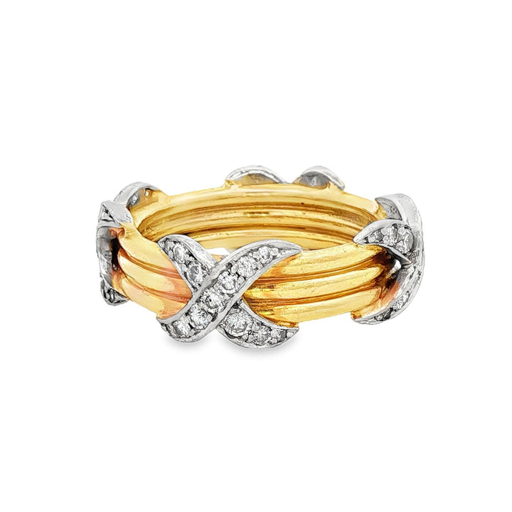 18 Karat Yellow Gold Platinum Diamond 'X' Band Ring Size 6 Modern