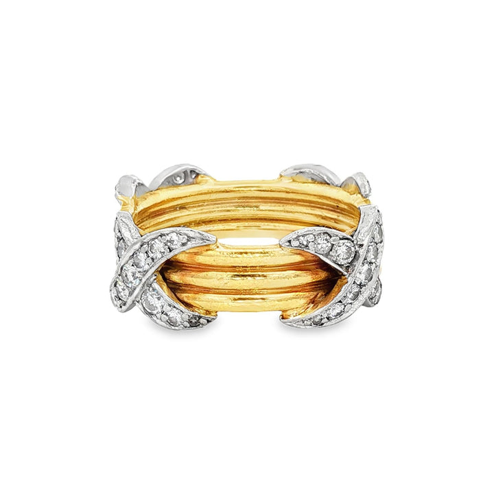 18 Karat Yellow Gold Platinum Diamond 'X' Band Ring Size 6 Modern