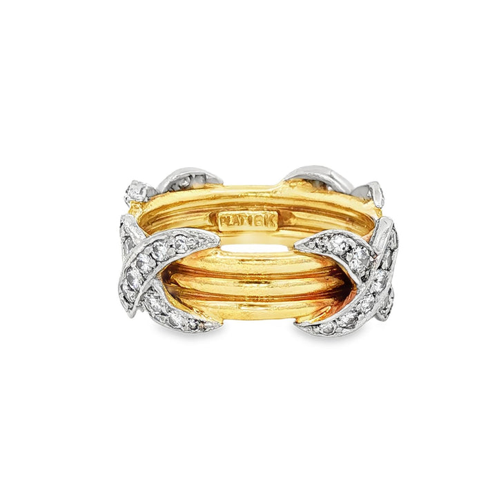 18 Karat Yellow Gold Platinum Diamond 'X' Band Ring Size 6 Modern