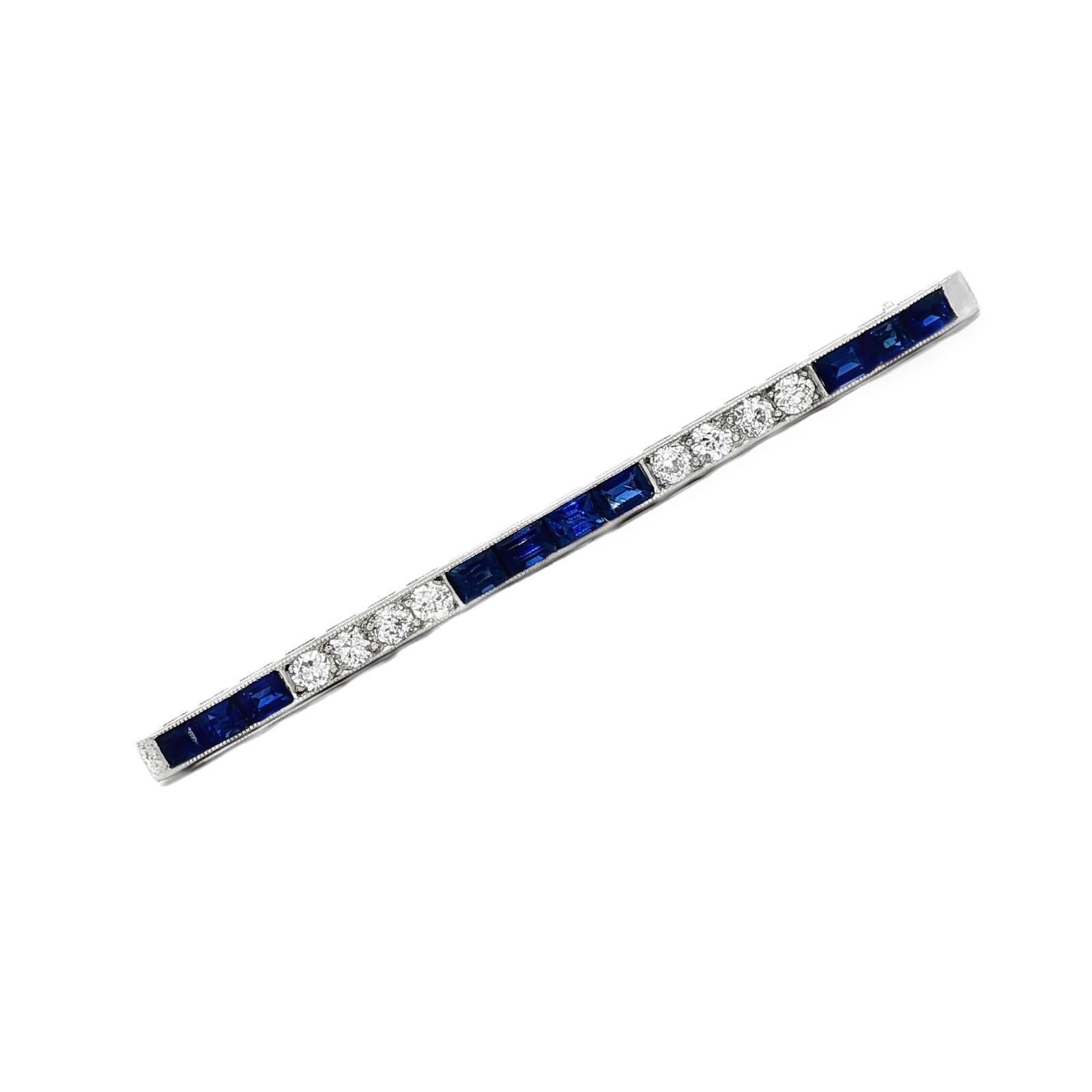Art Deco Old European Diamond Blue Sapphire Platinum Antique Bar Pin