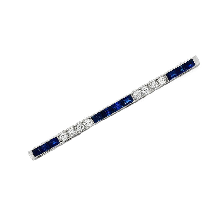 Art Deco Old European Diamond Blue Sapphire Platinum Antique Bar Pin