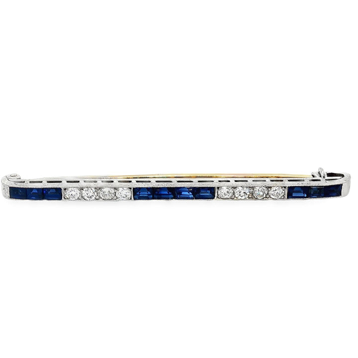 Art Deco Old European Diamond Blue Sapphire Platinum Antique Bar Pin
