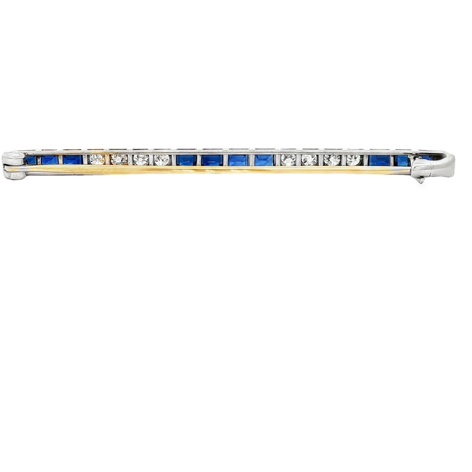Art Deco Old European Diamond Blue Sapphire Platinum Antique Bar Pin