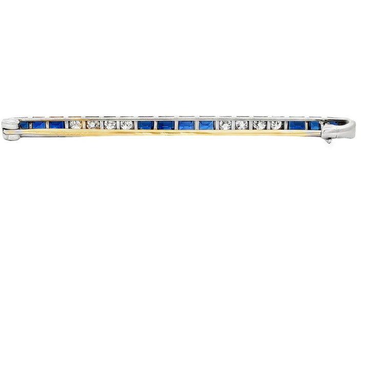 Art Deco Old European Diamond Blue Sapphire Platinum Antique Bar Pin