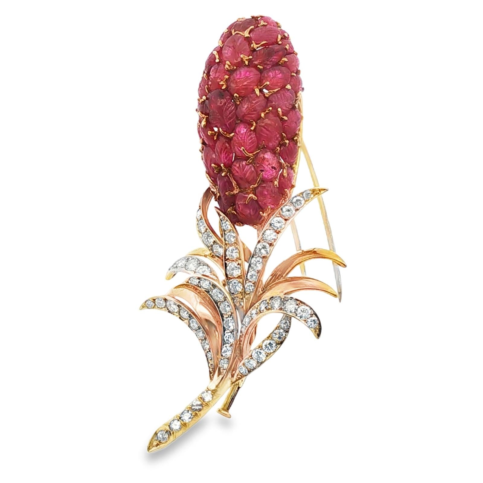 Late 20th Century Carved Ruby Diamond 18 Karat Two Tone Tulip Brooch Pin