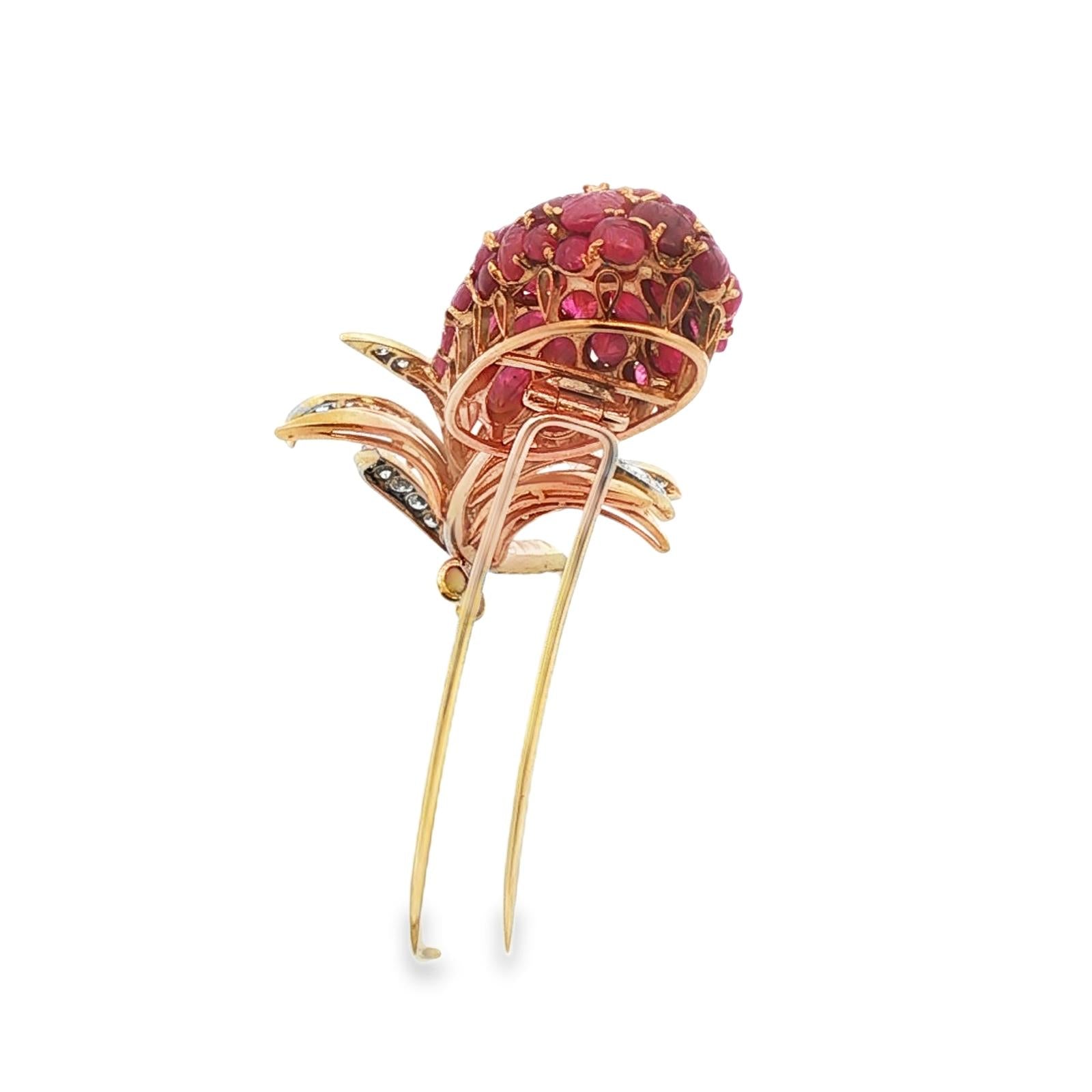 Late 20th Century Carved Ruby Diamond 18 Karat Two Tone Tulip Brooch Pin