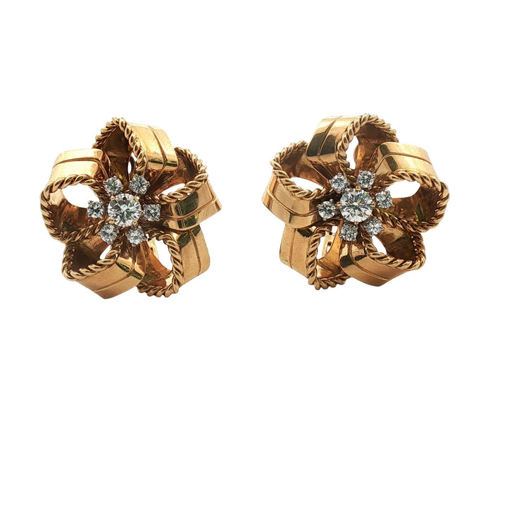 Cartier London Rare Diamond 18KYG Ribbon Motif Earclip Earrings Vintage