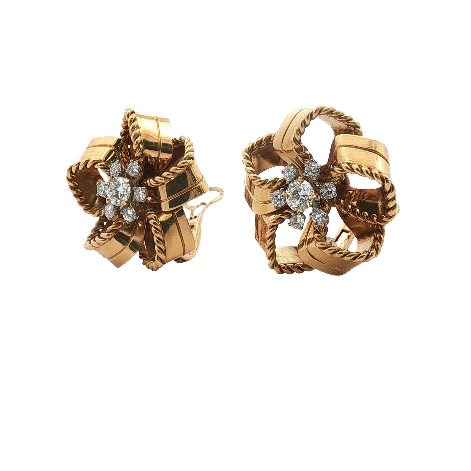 Cartier London Rare Diamond 18KYG Ribbon Motif Earclip Earrings Vintage