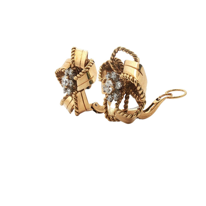 Cartier London Rare Diamond 18KYG Ribbon Motif Earclip Earrings Vintage