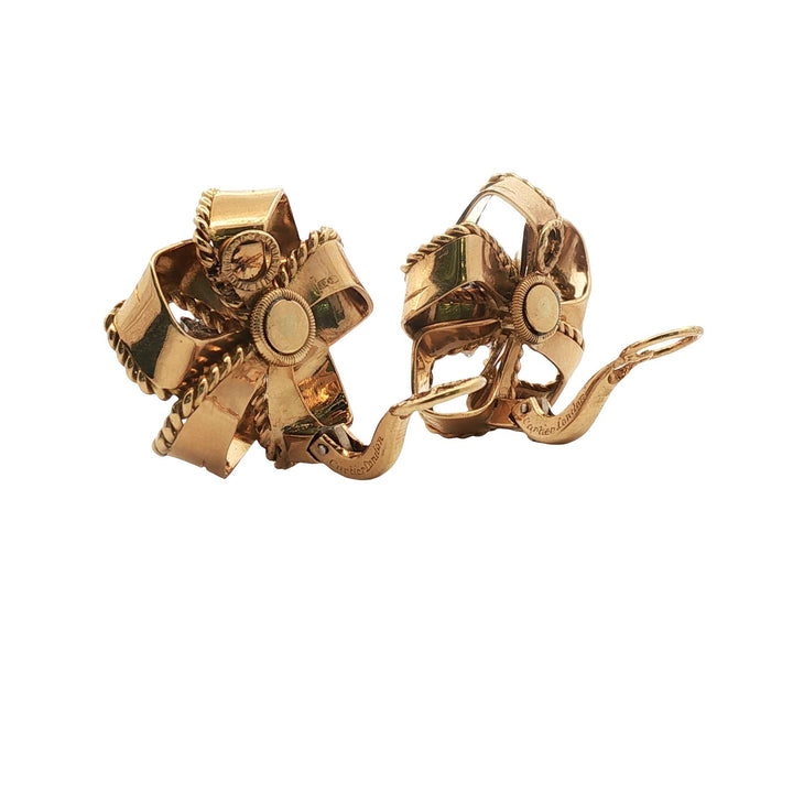 Cartier London Rare Diamond 18KYG Ribbon Motif Earclip Earrings Vintage