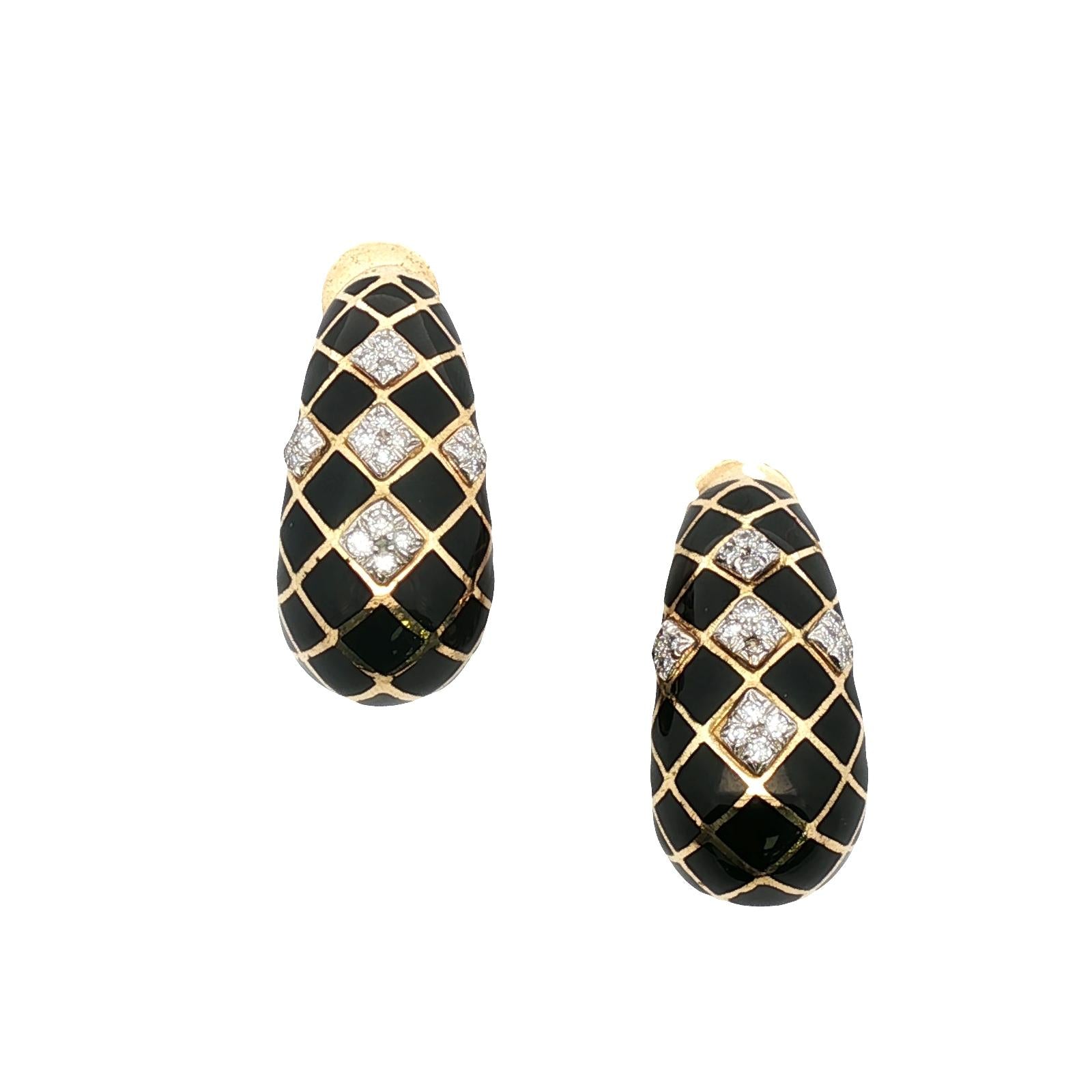 David Webb Diamond Black Enamel 18 Karat Yellow Gold Vintage Ear-Clip Earrings