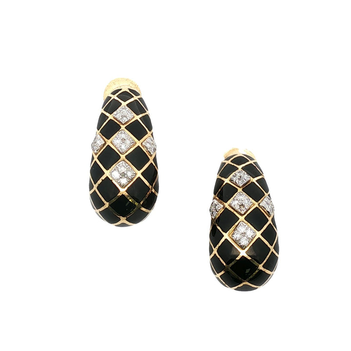 David Webb Diamond Black Enamel 18 Karat Yellow Gold Vintage Ear-Clip Earrings