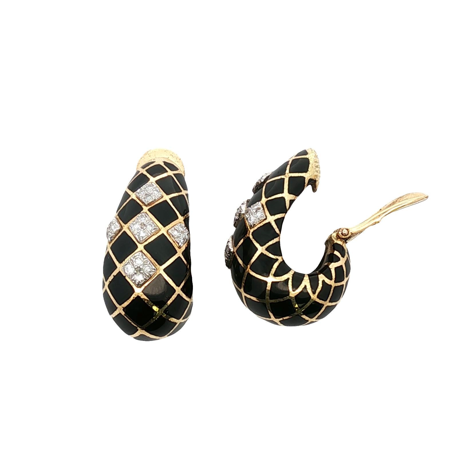 David Webb Diamond Black Enamel 18 Karat Yellow Gold Vintage Ear-Clip Earrings
