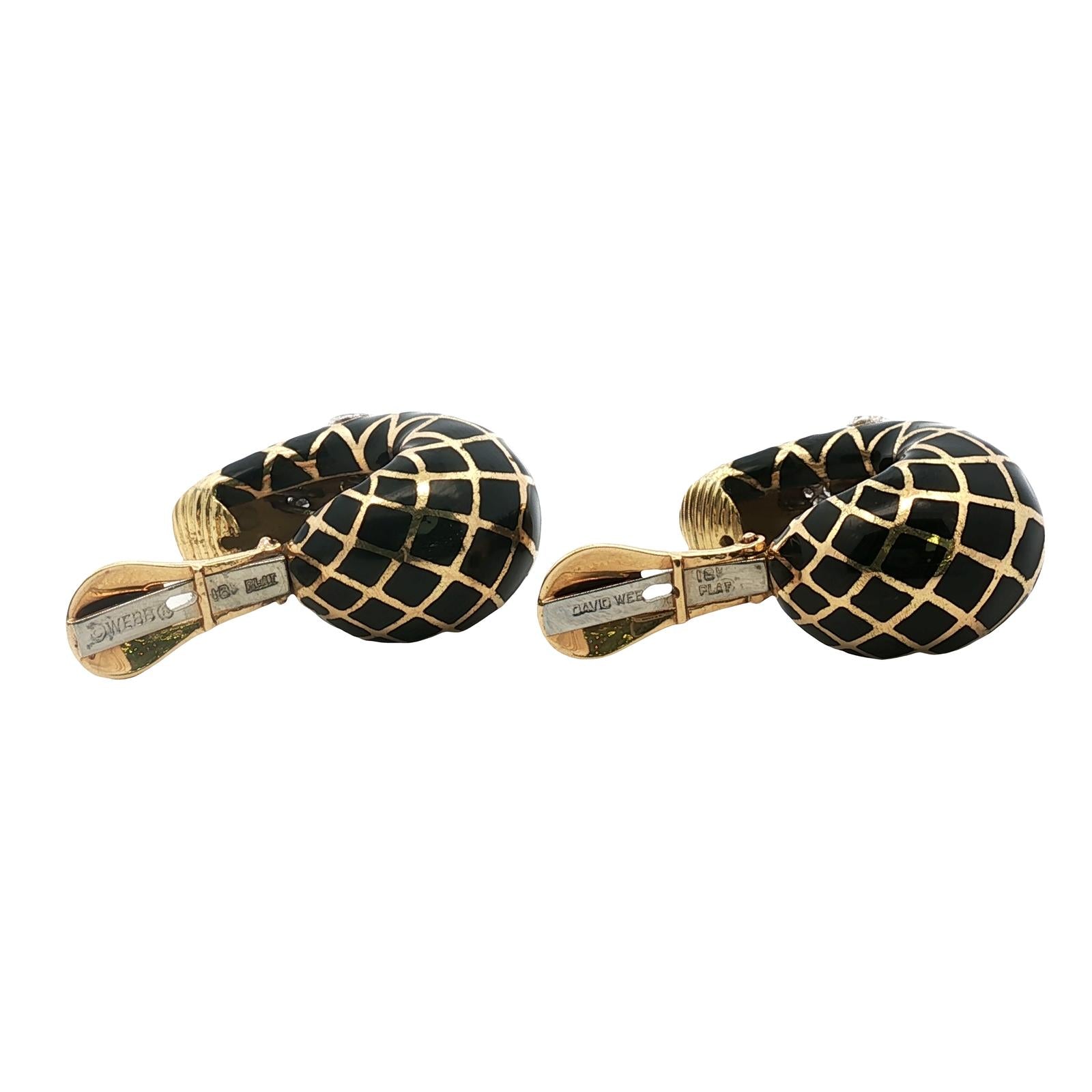 David Webb Diamond Black Enamel 18 Karat Yellow Gold Vintage Ear-Clip Earrings