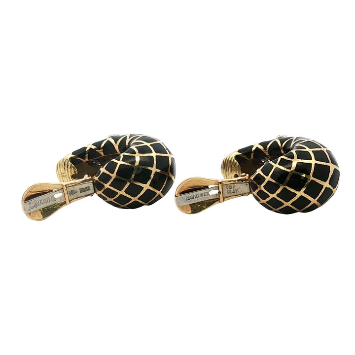 David Webb Diamond Black Enamel 18 Karat Yellow Gold Vintage Ear-Clip Earrings