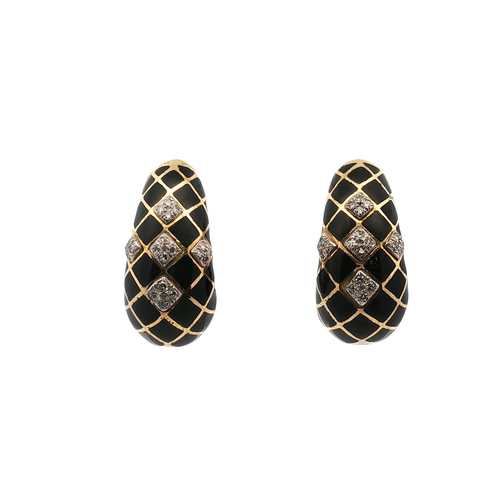 David Webb Diamond Black Enamel 18 Karat Yellow Gold Vintage Ear-Clip Earrings