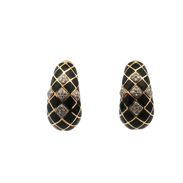 David Webb Diamond Black Enamel 18 Karat Yellow Gold Vintage Ear-Clip Earrings