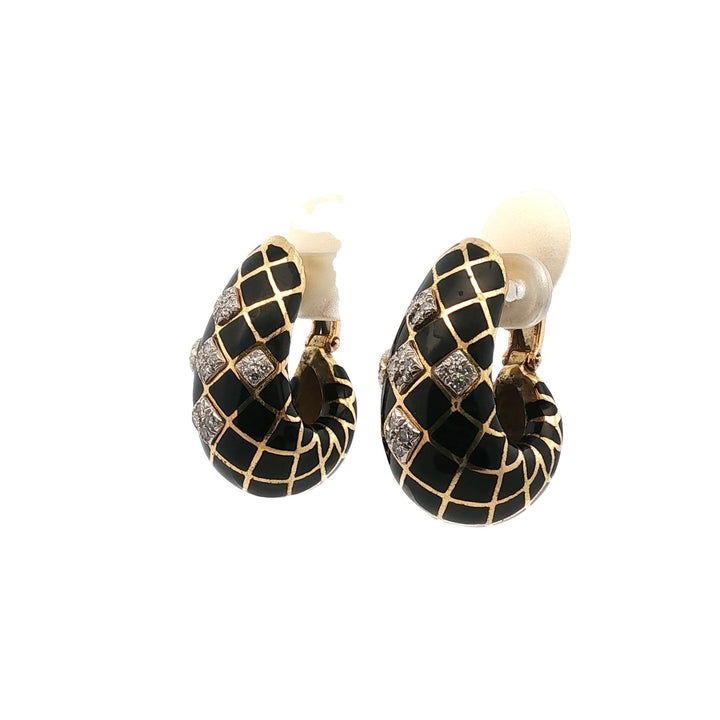 David Webb Diamond Black Enamel 18 Karat Yellow Gold Vintage Ear-Clip Earrings