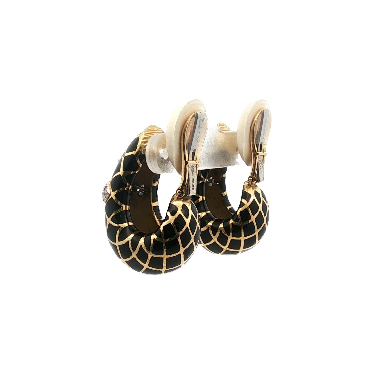 David Webb Diamond Black Enamel 18 Karat Yellow Gold Vintage Ear-Clip Earrings