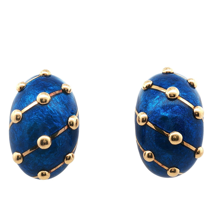 Tiffany & Company Schlumberger Blue Enamel 18KYG Large Banana Earclip Earrings