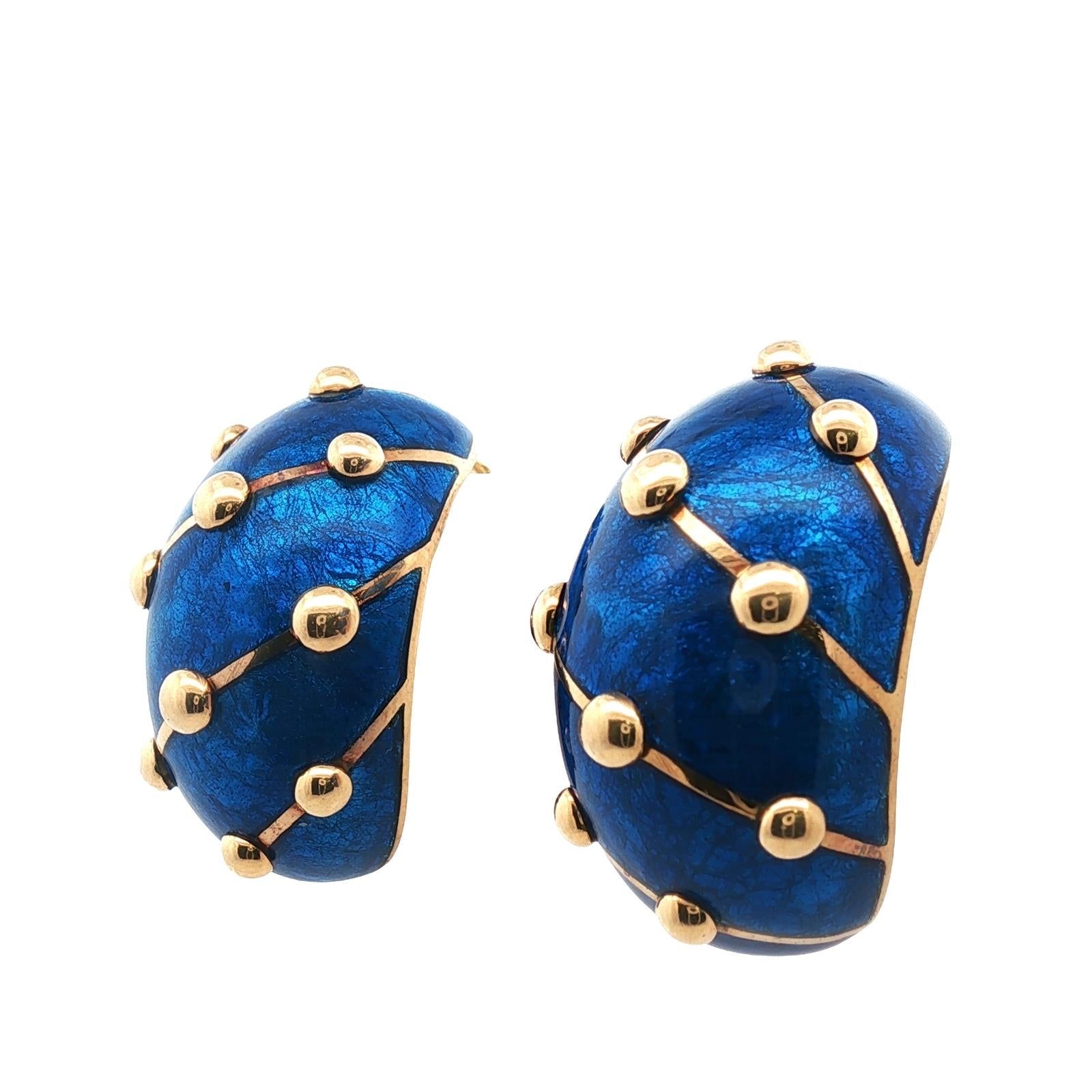 Tiffany & Company Schlumberger Blue Enamel 18KYG Large Banana Earclip Earrings