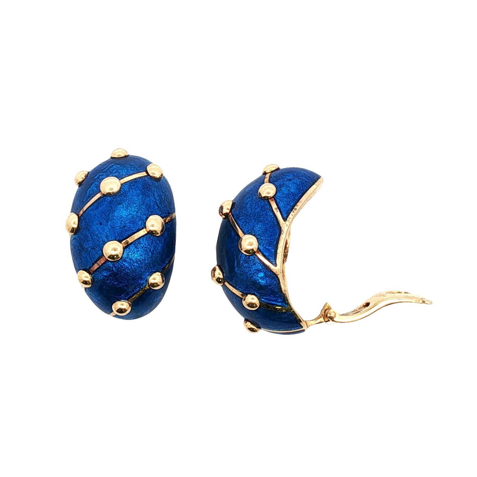 Tiffany & Company Schlumberger Blue Enamel 18KYG Large Banana Earclip Earrings