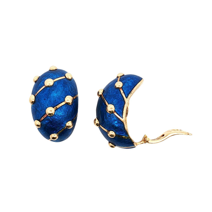 Tiffany & Company Schlumberger Blue Enamel 18KYG Large Banana Earclip Earrings