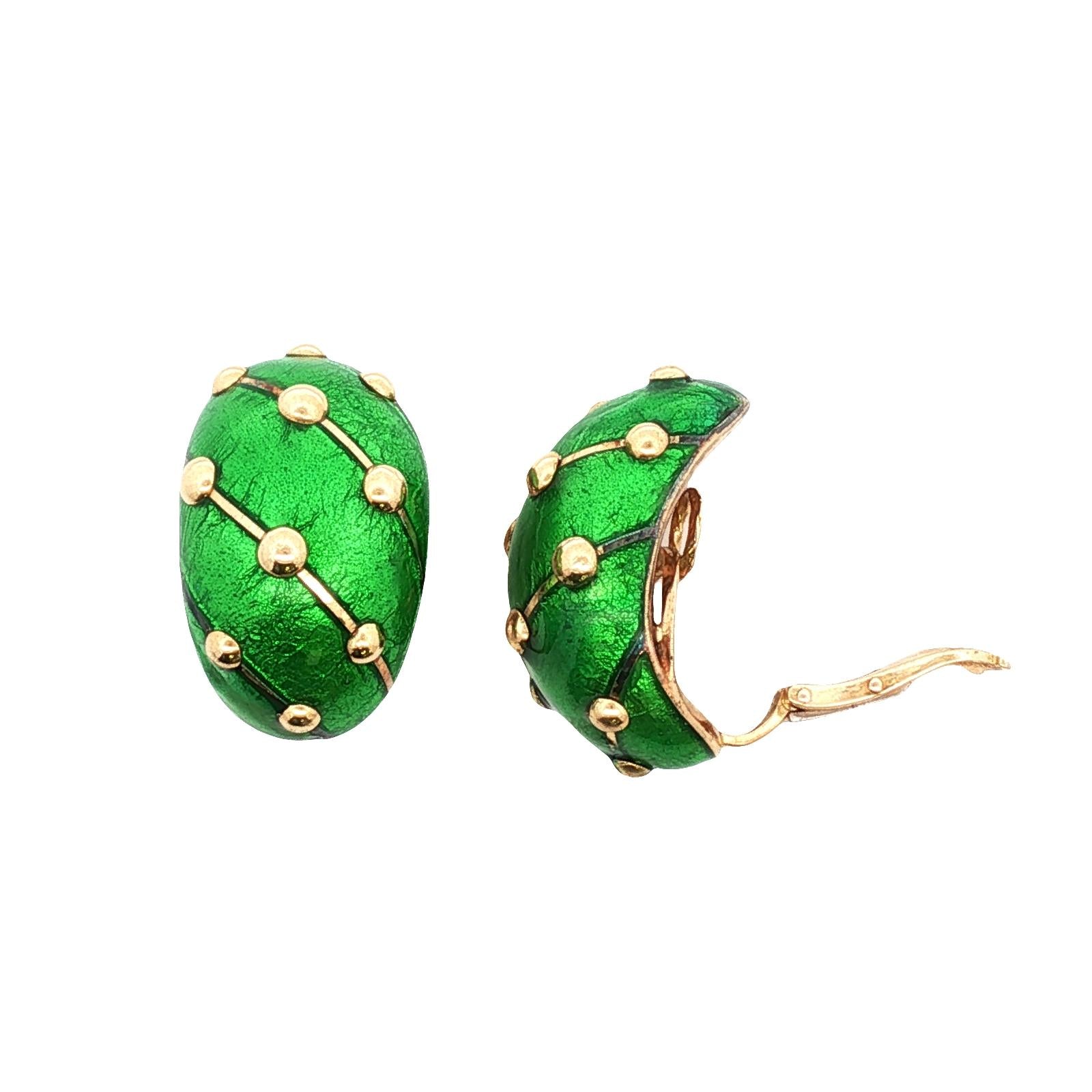 Tiffany & Co. Jean Schlumberger Green Enamel 18KYG Large Banana EarClip Earrings