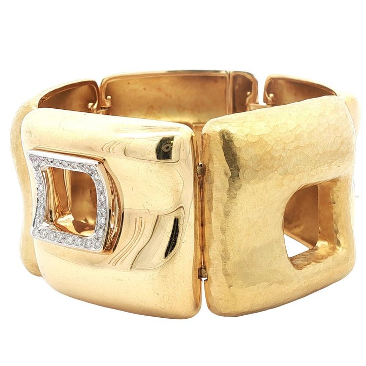 Italian Diamond Hammered & Polished 18 Karat Yellow Gold Wide Link Bracelet