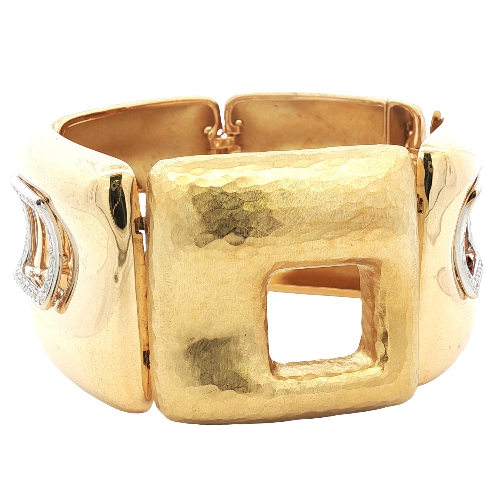 Italian Diamond Hammered & Polished 18 Karat Yellow Gold Wide Link Bracelet
